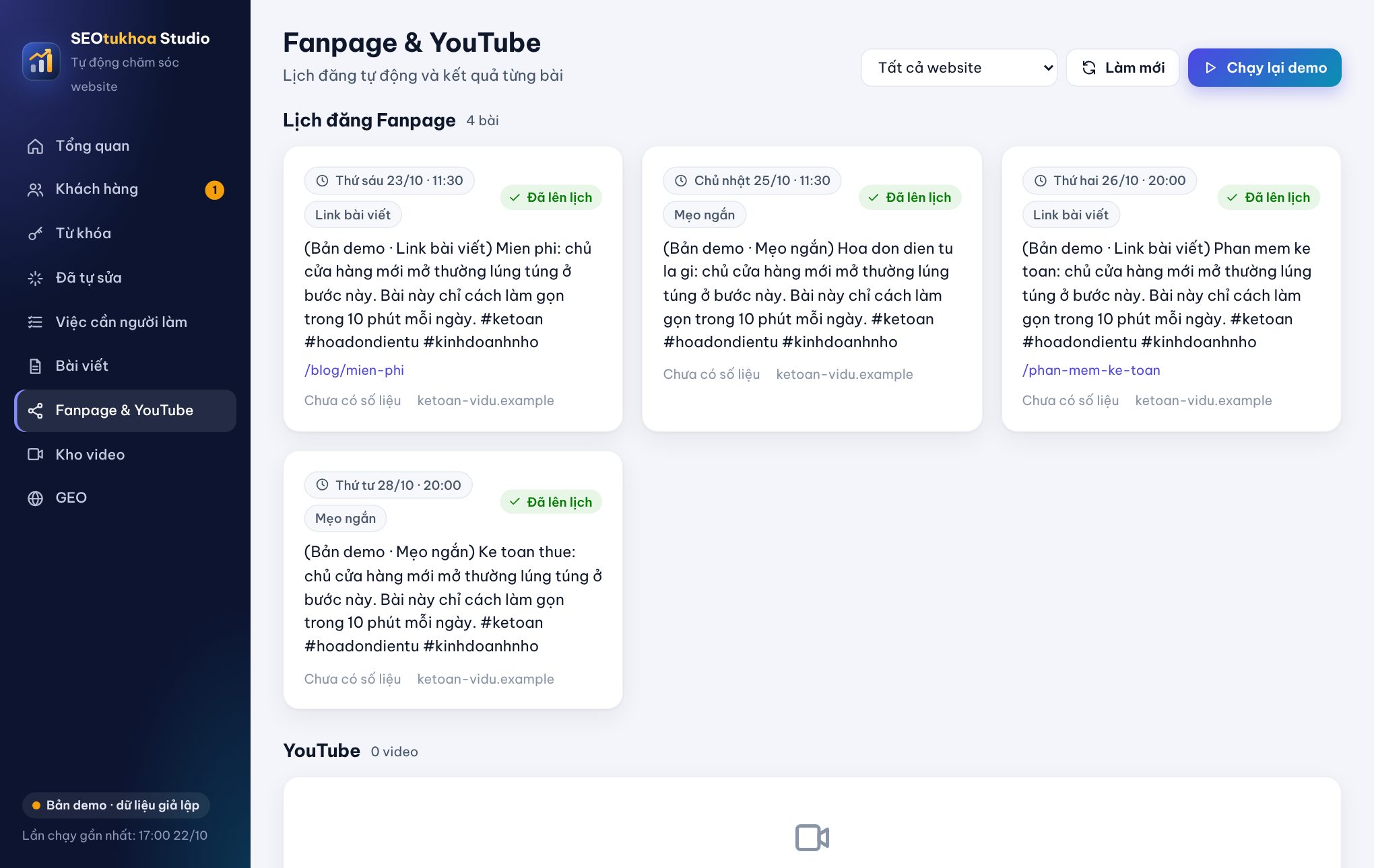 Lịch đăng Fanpage tự động và kết quả từng bài